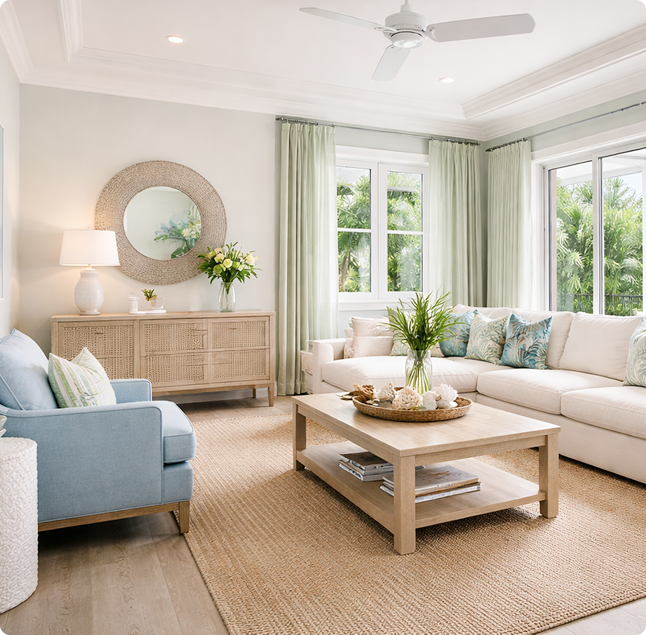 Bright and airy living room featuring a light-colored sectional sofa with decorative pillows, a wooden coffee table with a decorative tray, a blue accent chair, a woven rug, and large windows with green curtains, highlighting a tropical view, embodying a fresh and inviting atmosphere ideal for home transformation.