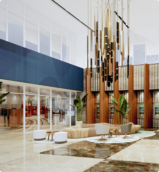 Modern lobby interior with elegant lighting fixture, wooden accents, and seating area, showcasing a sophisticated design suitable for coastal properties in Madeira Beach.