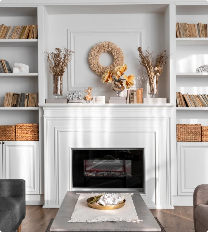 Painted fireplace surround and built-in shelving in a Pinellas County living room