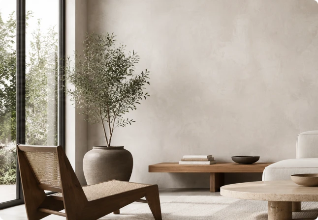 Limewash wall with soft cloudy movement in a light-filled living room