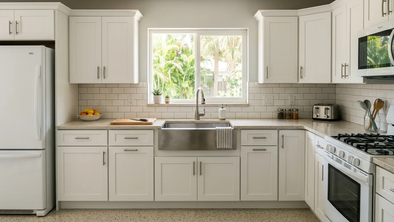 Refinished white kitchen cabinets with brushed nickel hardware in a Clearwater, FL ranch home