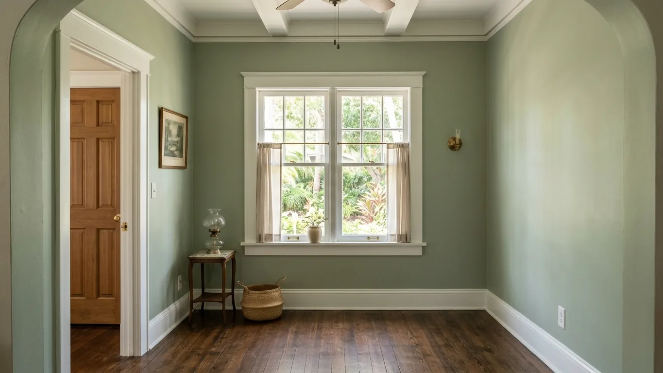 Plaster walls painted soft sage with white original trim in a 1940s Gulfport, FL bungalow