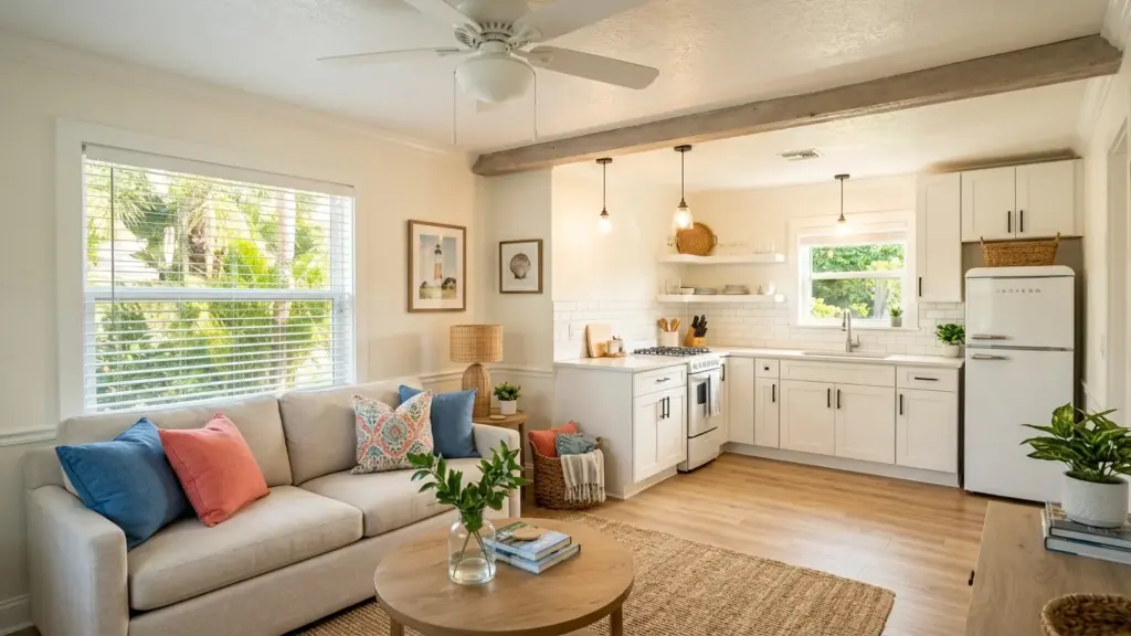 Bright interior of a small beach cottage painted warm white in Indian Rocks Beach, FL