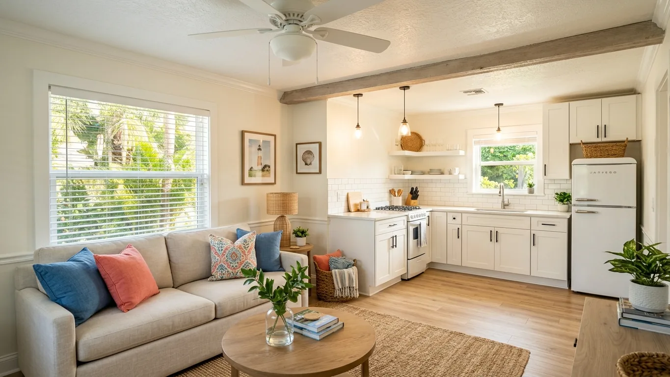 Bright interior of a small beach cottage painted warm white in Indian Rocks Beach, FL