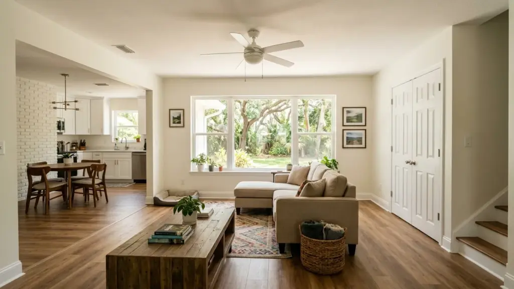 Open living and dining area painted in warm white in a 1970s Largo, FL split-level home
