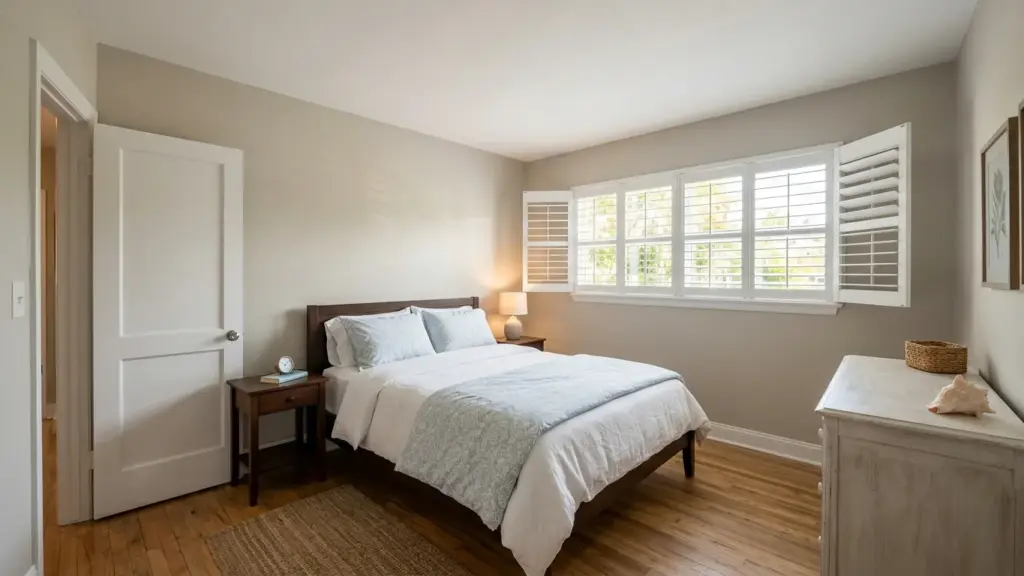 Bedroom painted in warm greige with bright white trim in a Madeira Beach, FL concrete block home