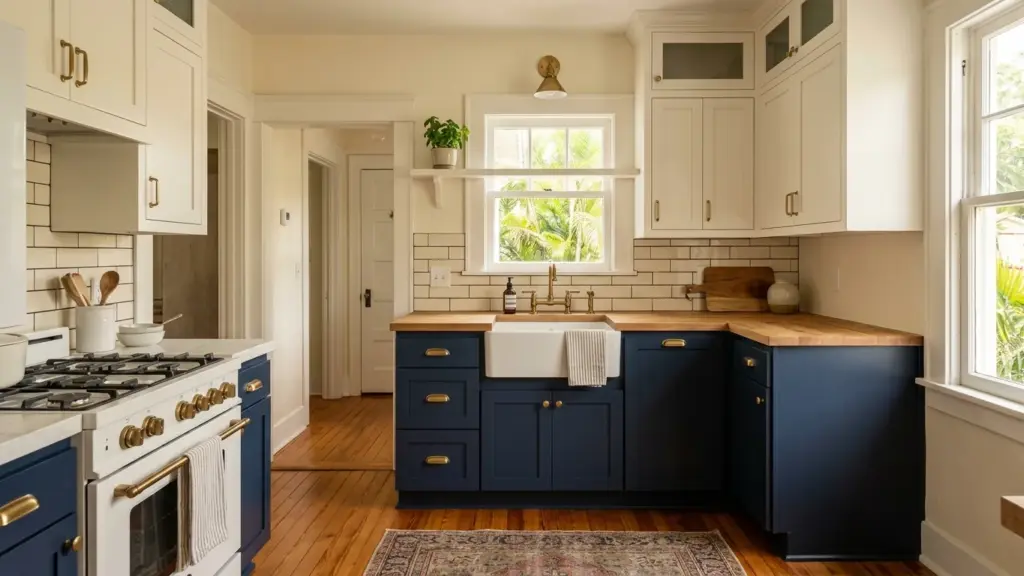 Compact bungalow kitchen with navy lower cabinets and white uppers in Saint Petersburg, FL