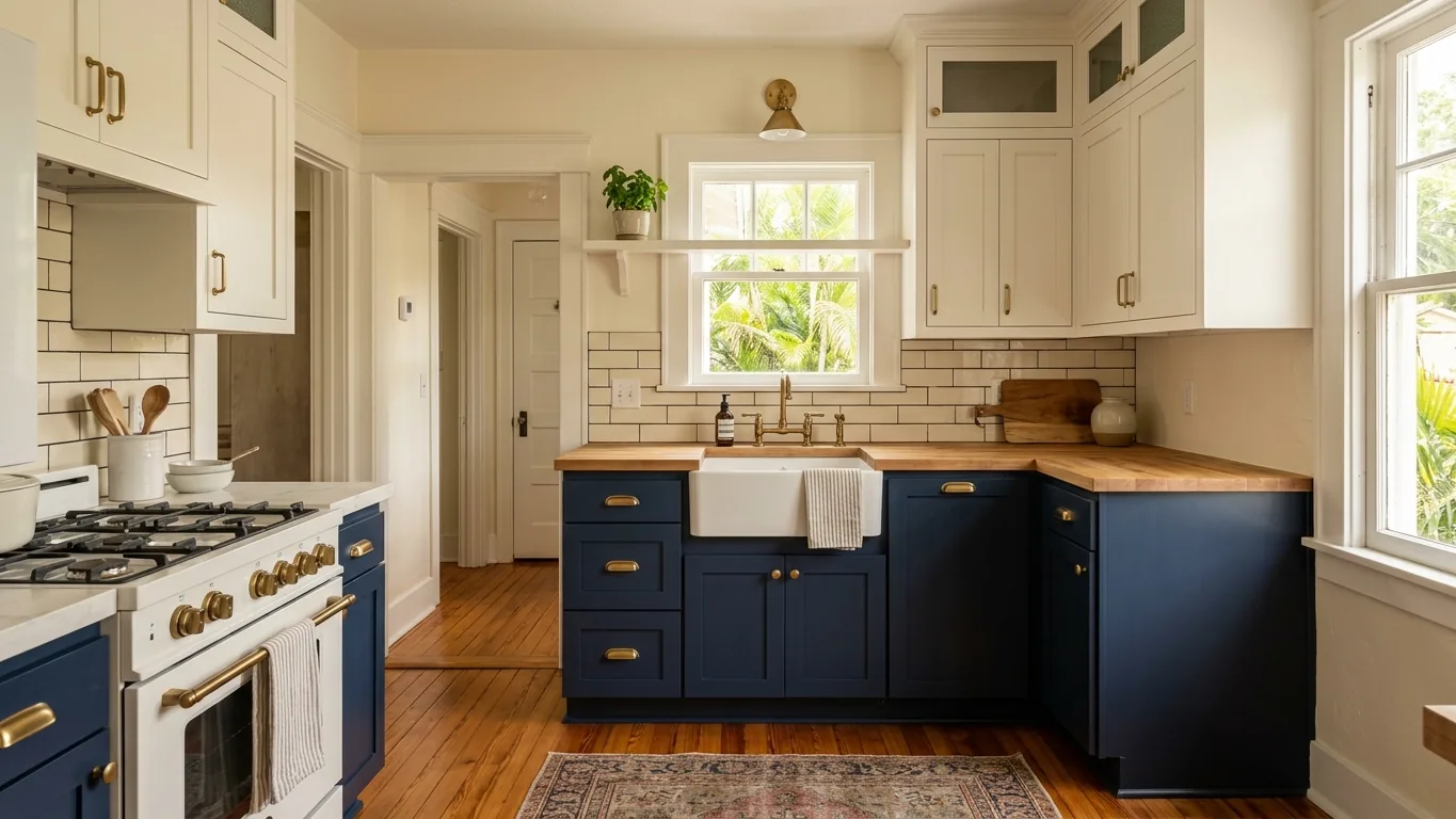 Compact bungalow kitchen with navy lower cabinets and white uppers in Saint Petersburg, FL