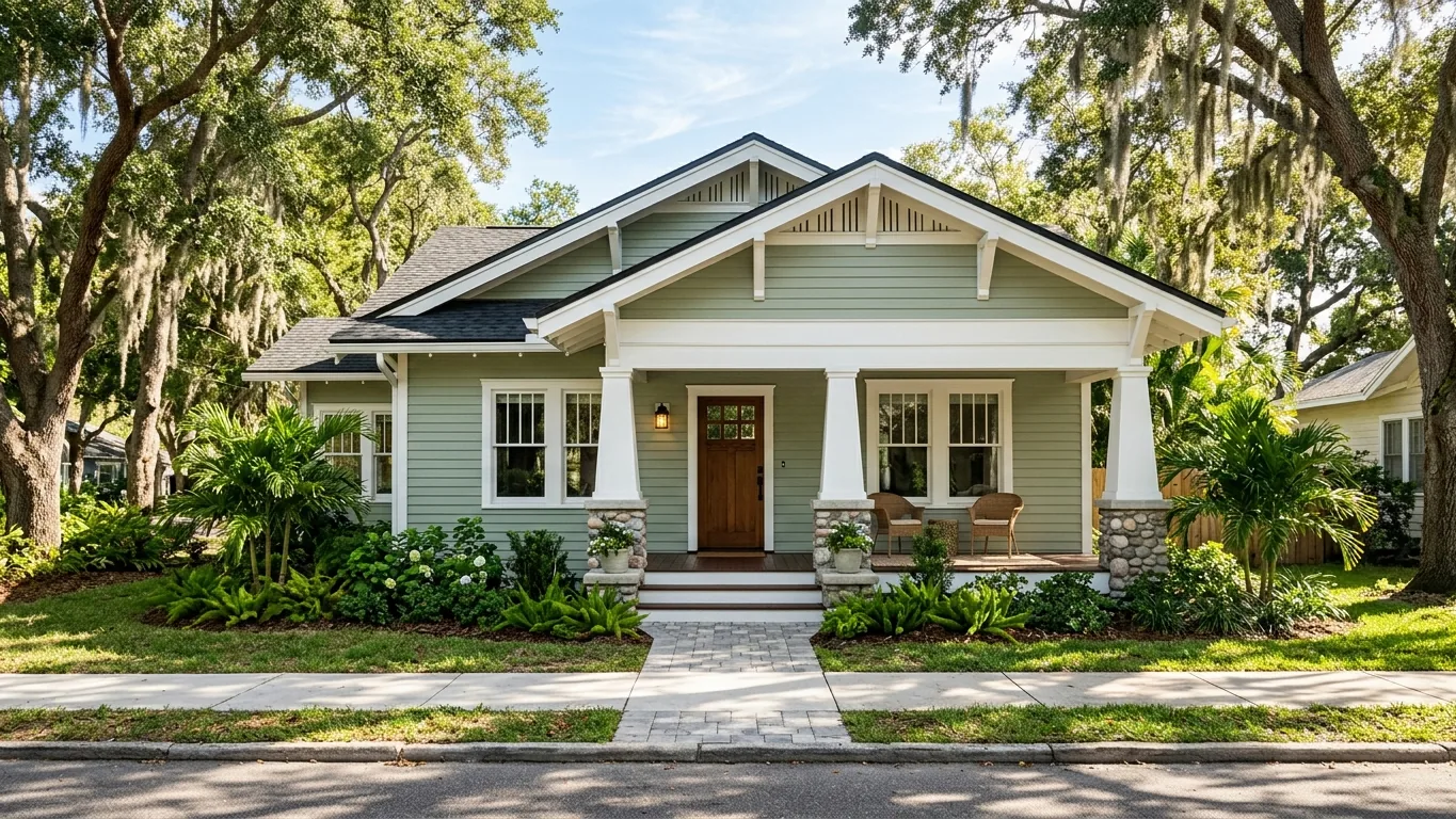 Freshly painted 1920s craftsman bungalow exterior with sage siding and white trim in Saint Petersburg, FL