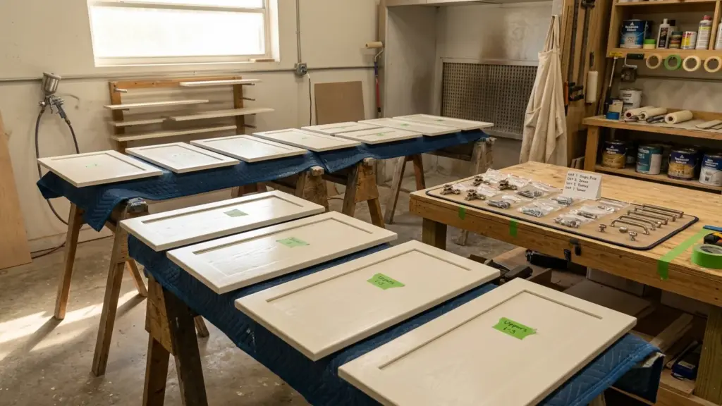 Kitchen cabinet doors drying on sawhorses after spray finishing in a Seminole, FL workshop