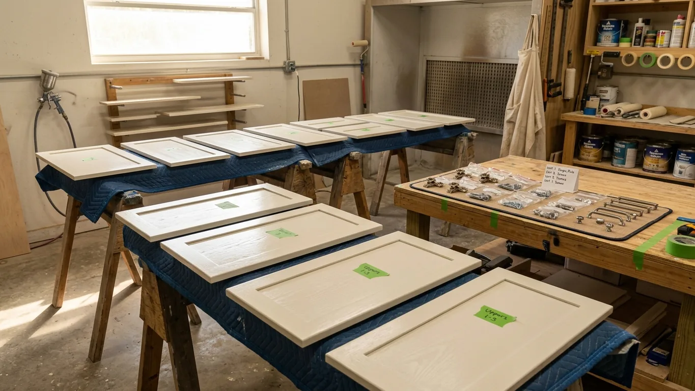 Kitchen cabinet doors drying on sawhorses after spray finishing in a Seminole, FL workshop