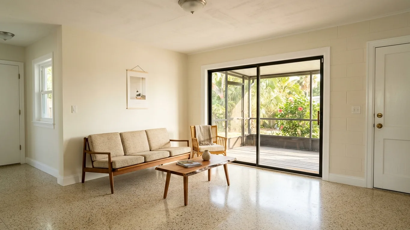 Freshly painted living room with warm off-white walls and white trim in a 1960s Treasure Island, FL ranch home