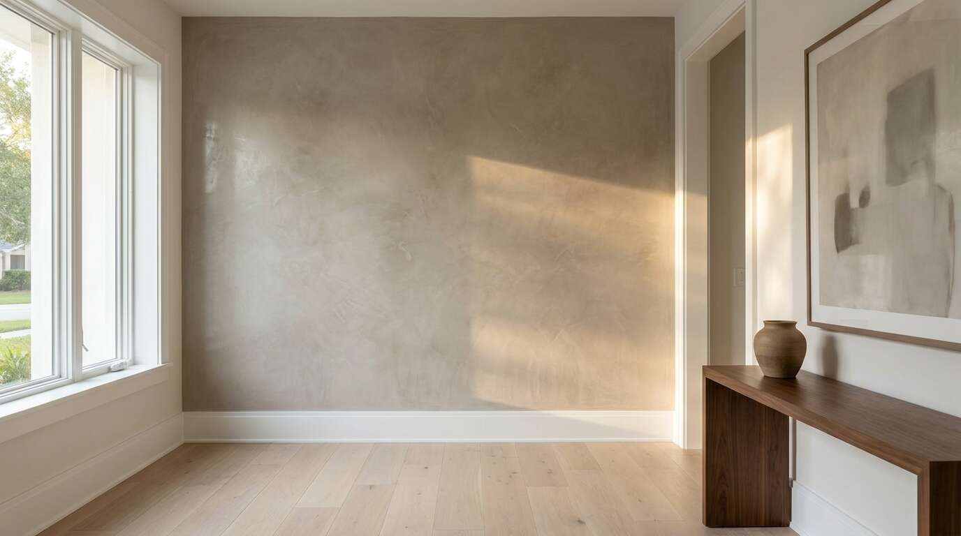 Polished Venetian plaster entry wall in warm greige with soft sheen in a Pinellas County home