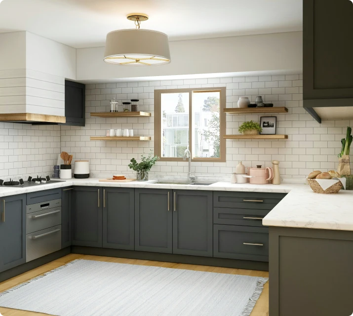 Kitchen with charcoal lower cabinets, white subway tile and open shelves